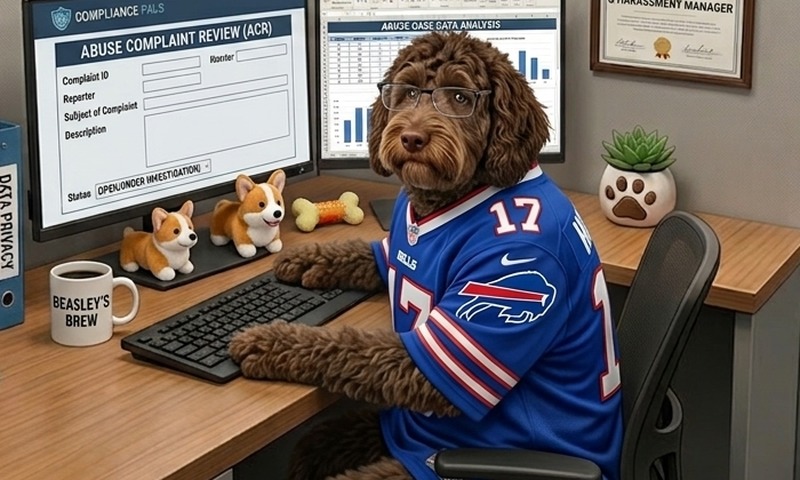 BEASLEY, an aussiedoodle, at a desk